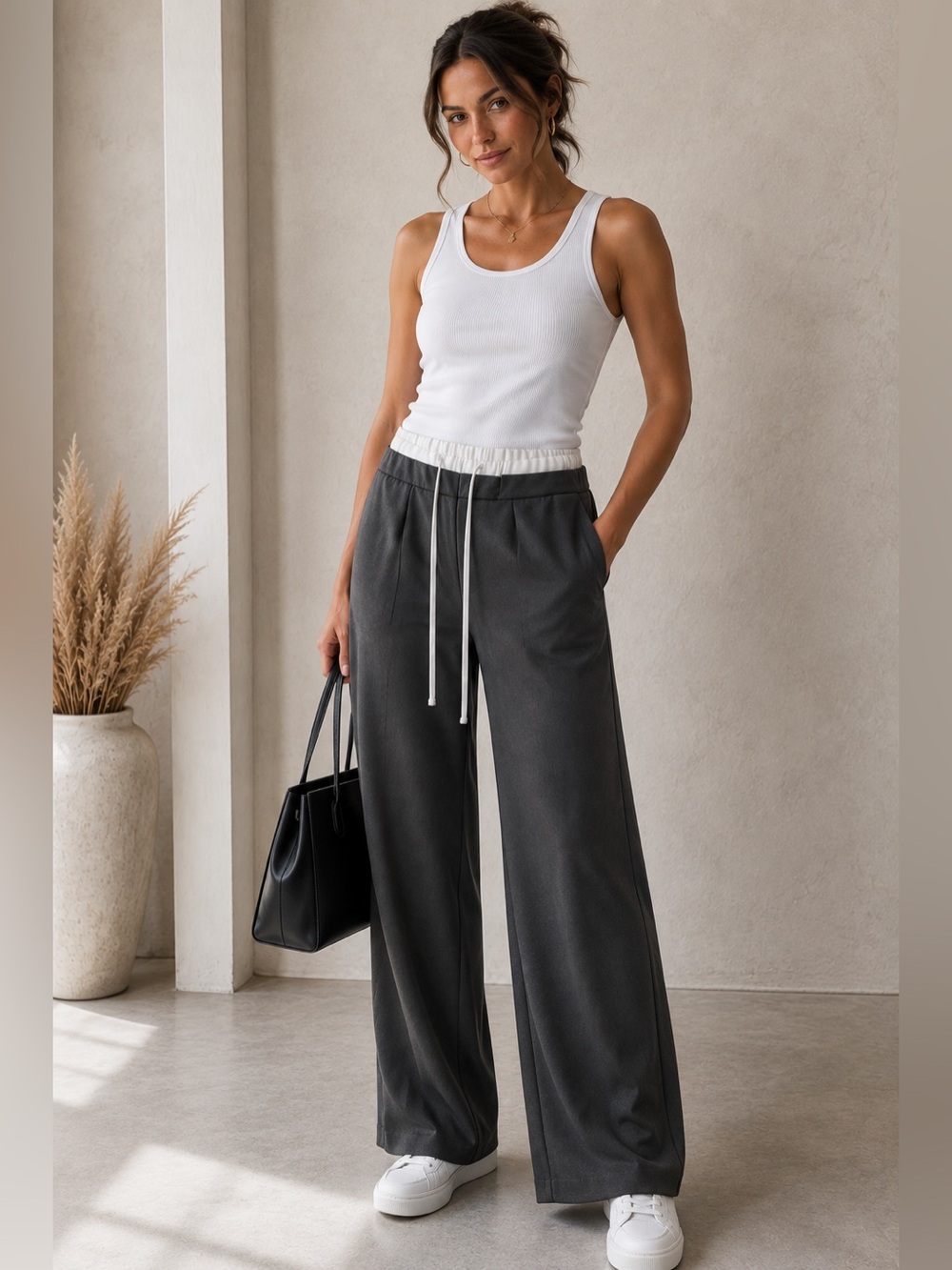 Cisono Dark Gray Wide Leg Pants Women’s M NWOT White Waist Detail Side Zip A29